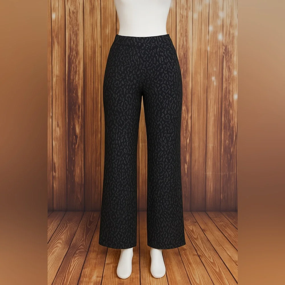 Nine West Black Silver Leopard Print Wide Leg Elegant Pants Women’s Size PL